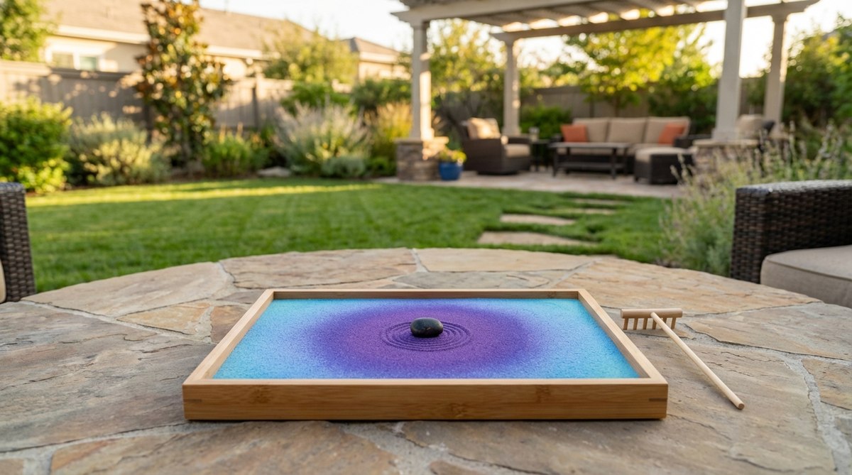 Thermochromic sand in a mini zen garden that changes color from blue to purple in response to temperature, visualizing body heat transfer during meditation practice.
