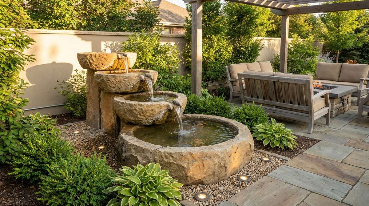 A tiered fountain with stacked basins creating cascading water flows, positioned near outdoor seating areas. Made from materials like resin or natural stone, with subtle uplighting and proper electrical connections for safety. The fountain helps mask neighborhood noise with its continuous water sound.