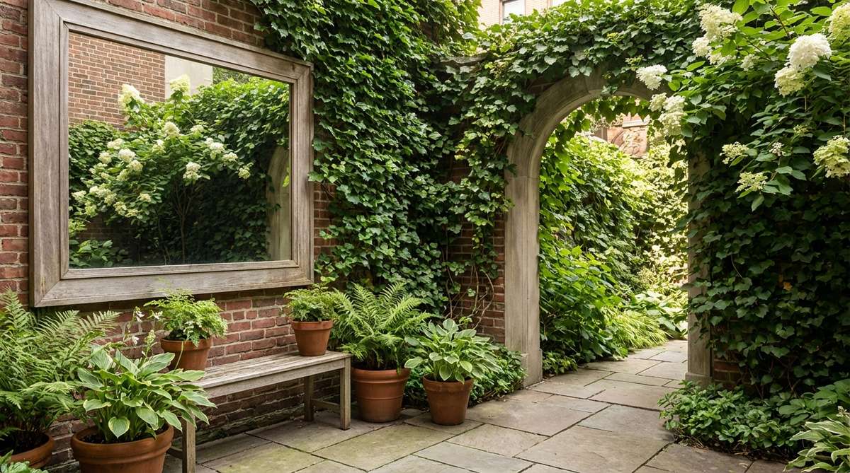 A small courtyard featuring an outdoor mirror that reflects climbing greenery, creating an illusion of depth and space. Ivy or hydrangea vines soften the walls, with a slim bench and containers placed to enhance the visual effect, ideal for compact urban gardens.