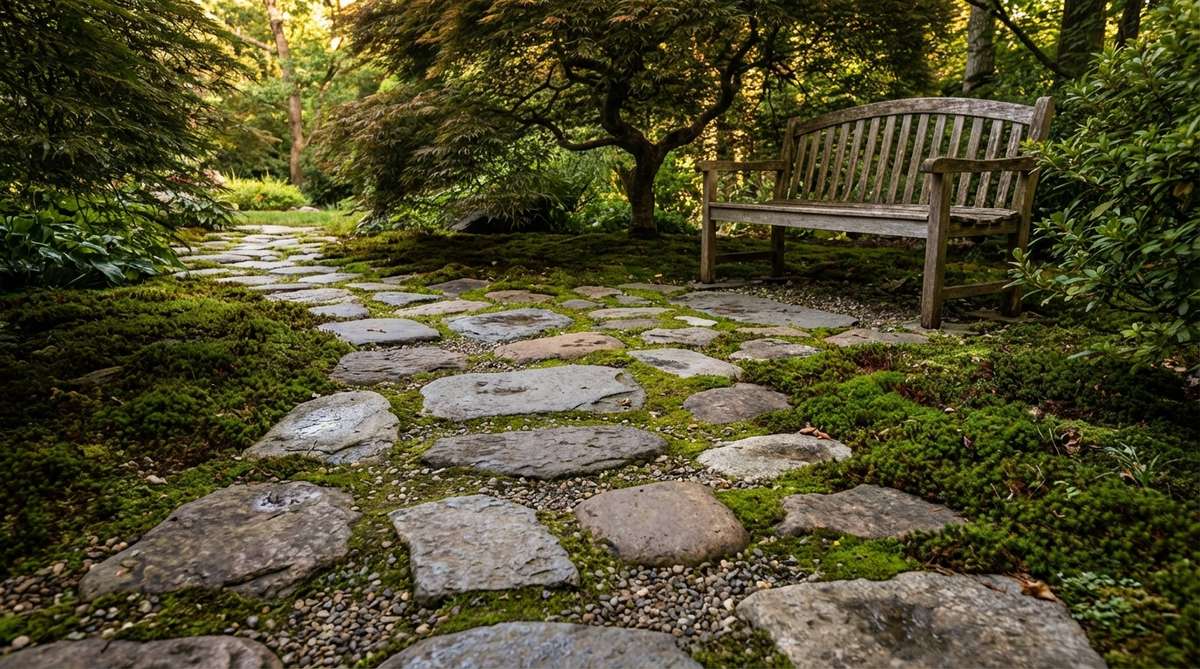 A close-up view of a Tobi-Ishi stepping stone path in a Japanese stone garden, featuring individual flat stones of varying shapes and sizes placed at walking intervals across gravel or moss. The stones are spaced to slow pace and promote mindfulness, with irregular patterns that enhance visual interest and encourage present-moment awareness during meditative walks.