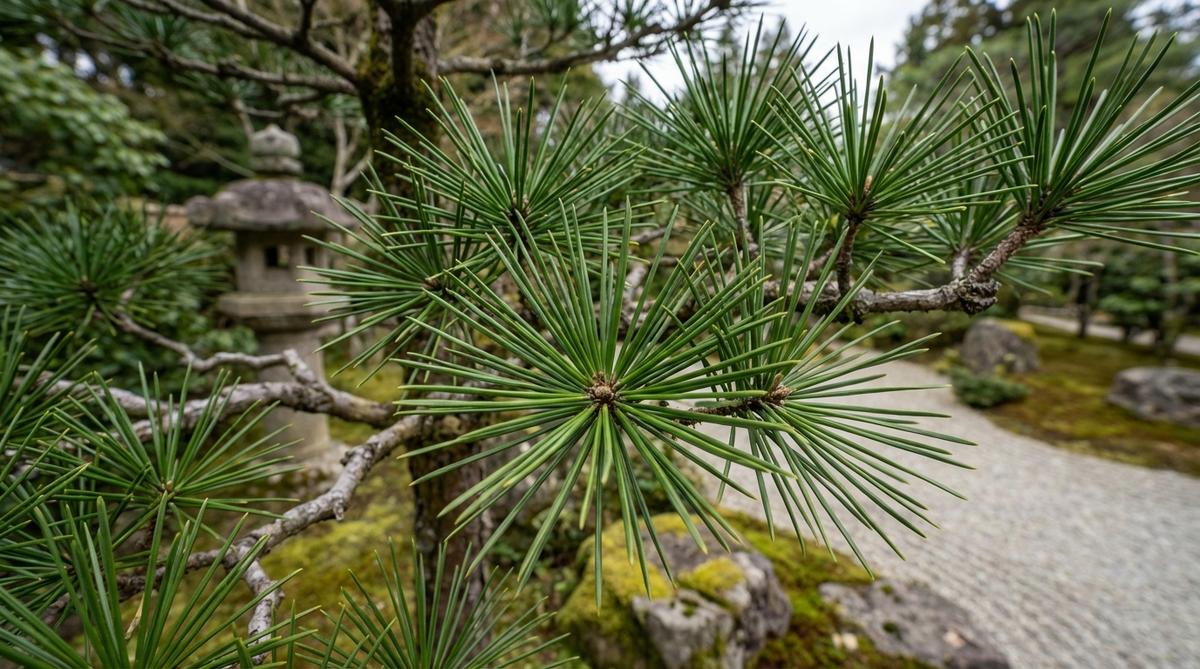 A close-up image of the distinctive whorled needles of the Umbrella Pine (Sciadopitys verticillata), arranged like umbrella spokes at branch tips, showcasing its glossy dark green foliage and architectural form in a Japanese garden setting. This slow-growing evergreen conifer, suitable for zones 5-8, adds a bold, unique element to the landscape.