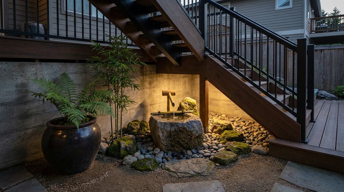 A modern Japanese garden under-stair courtyard nook, featuring a stone water basin with a bamboo spout, minimal plantings like a fern or bamboo in a ceramic pot, and strategic uplighting to create a contemplative space from previously wasted area.