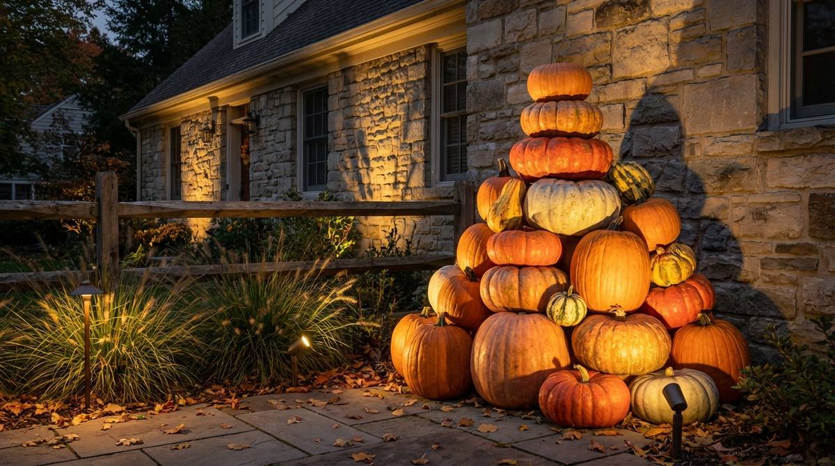 A dramatic outdoor fall decor scene featuring landscape spotlights or stake lights positioned at ground level to uplight pumpkin displays, creating theatrical shadows and emphasizing pumpkin forms after dark. Ideal for stacked towers or large statement pumpkins against walls or fences, adding architectural dimension to evening spaces.