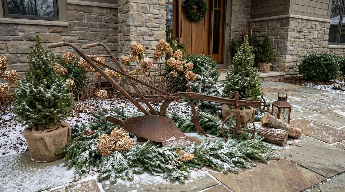 A weathered vintage farm implement, such as a milk can or hand plow, used as a conversation piece in winter outdoor decor, showcasing its functional history and rustic charm in an entry vignette.