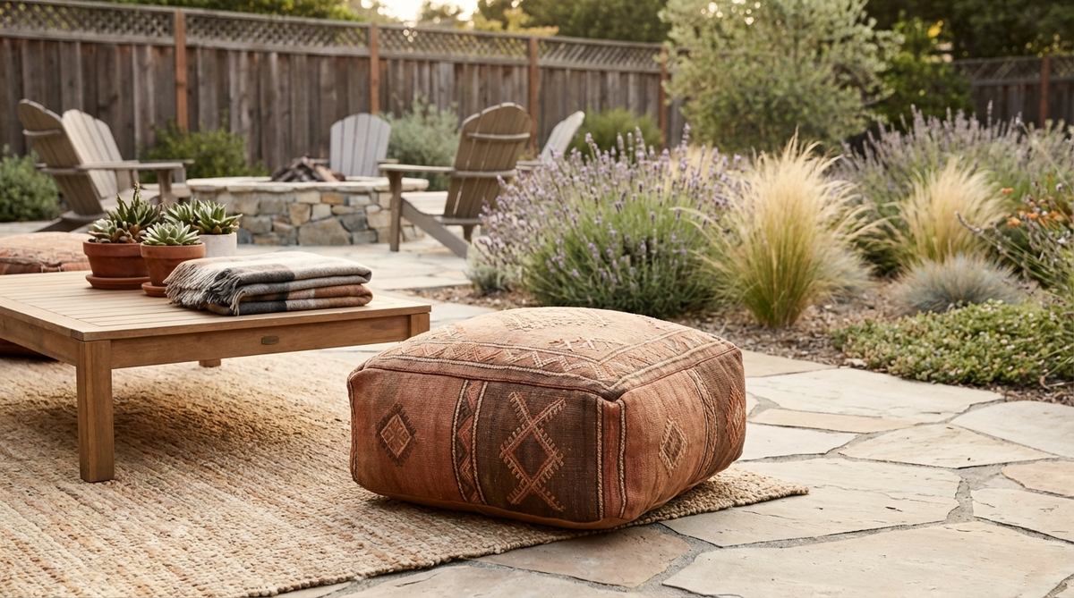 A vintage Moroccan pouf ottoman featuring handcrafted embroidery or stamped leather, adding global character and flexible seating to modern boho decor. Perfect as a footrest or clustered for casual floor seating.