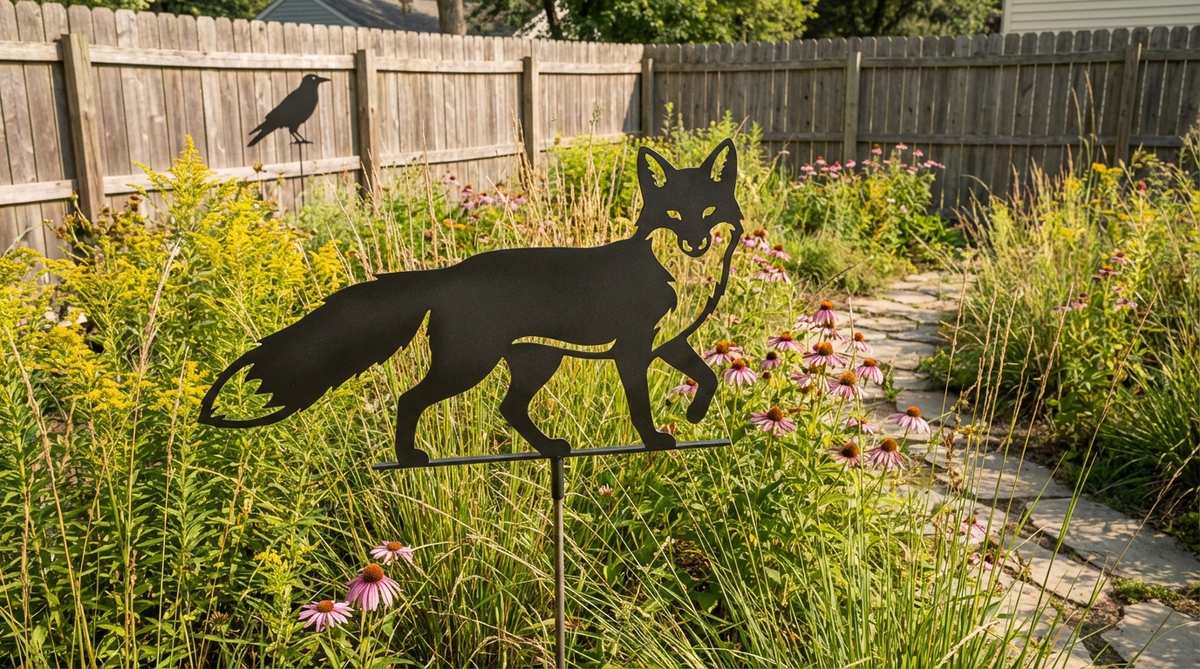 A flat-profile steel silhouette of an animal, cut from steel plate with a black powder coating to prevent rust, creating a bold graphic statement in garden decor. These 24-48 inch figures are designed for mounting on stakes in meadow plantings or attaching to fence lines, ideal for prairie-style or naturalistic gardens. Lightweight construction allows for easy seasonal repositioning.