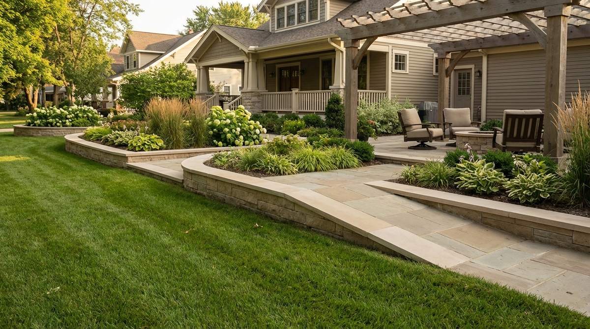 A smooth-topped stone border installed at precise height to accommodate mobility devices, with beveled edges and gradual slopes for barrier-free garden access.
