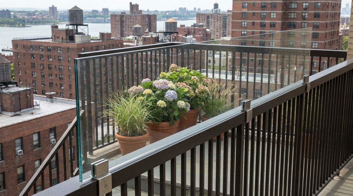 A clear plexiglass or tempered glass panel installed on a NYC balcony railing, serving as a wind-break screening wall to protect delicate plants by reducing wind speed by 50-70%. The panel covers the upper 3-4 feet of the railing, preserving views while providing wind protection, with professional installation ensuring structural integrity and compliance with building codes.