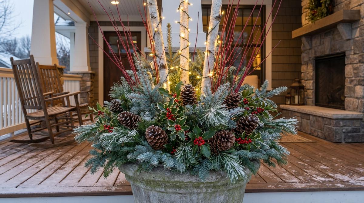 A decorative arrangement of evergreen branches, holly with berries, and pinecones in a planter, enhanced with birch poles for height, LED string lights for evening visibility, and red twig dogwood stems for structural color, ideal for outdoor porch decor during winter.