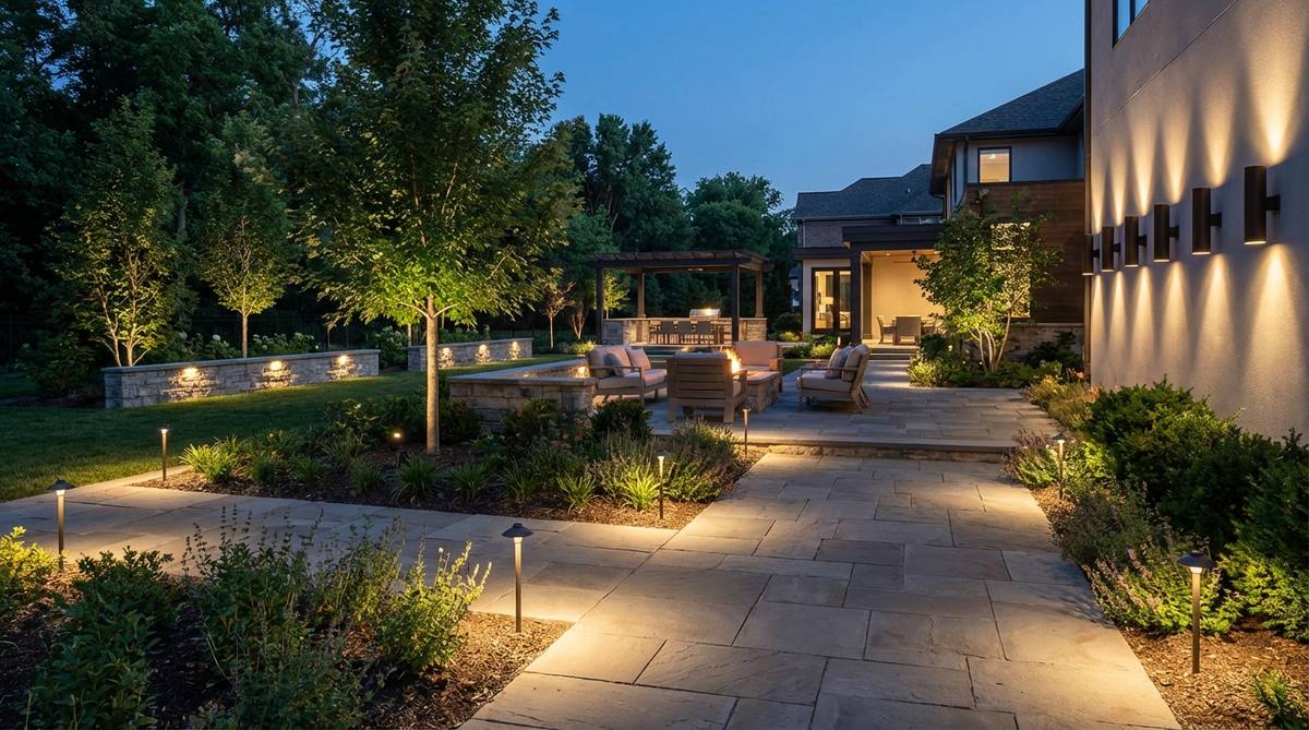 A modern garden lighting system featuring wireless mesh network controllers, showcasing integrated radio transceivers in fixtures that form self-healing networks for reliable, decentralized control. The setup includes smartphone app programming for zones, scenes, and schedules, highlighting enterprise-grade flexibility in residential architectural lighting.