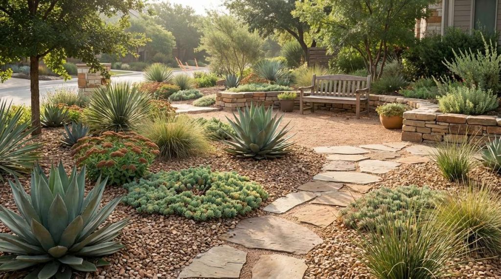 A sustainable xeriscaping garden featuring drought-adapted plants like agave, sedum, and native bunch grasses thriving with natural rainfall. The design includes permeable gravel mulch to prevent erosion and reduce water evaporation, showcasing climate-conscious garden aesthetics.