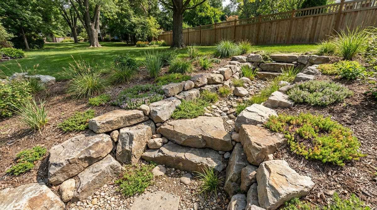Large angular stones (6-12 inches) placed on slopes to dissipate water energy and prevent soil loss, with irregular shapes that interlock under gravity and flowing water, suitable for calculating stone size based on slope angle and water velocity.