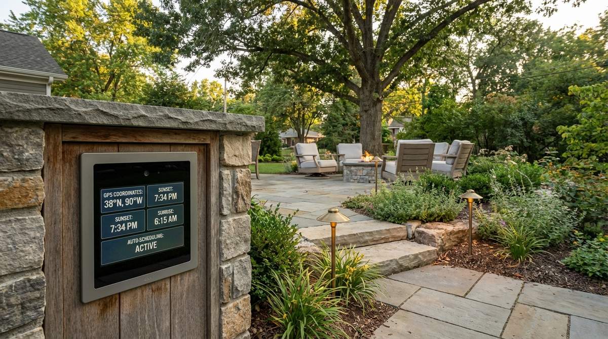 A modern astronomical time clock system installed in a garden setting, showing GPS-enabled controllers that automatically calculate sunset and sunrise times based on property coordinates. The system provides precise lighting control with automated scheduling that eliminates manual seasonal adjustments, ensuring fixtures operate only during darkness for energy efficiency and extended lamp life.