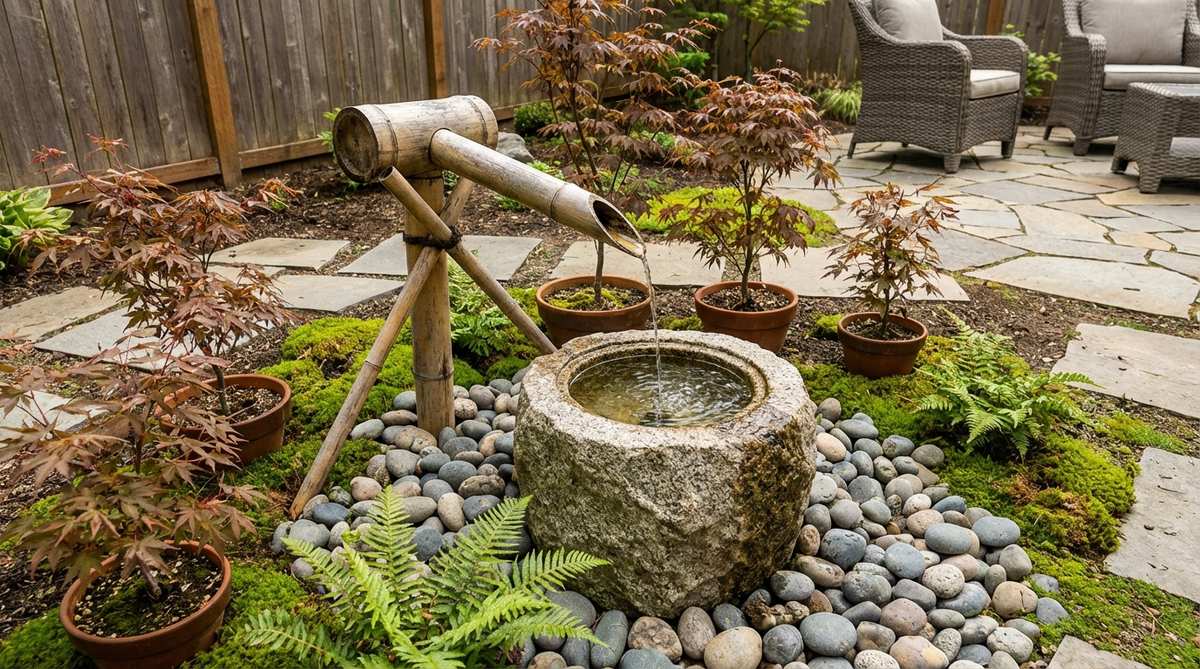A bamboo spout fountain creating authentic Asian garden aesthetics with gentle trickling sounds, positioned to fill a stone basin in a small backyard garden. The natural bamboo material weathers beautifully and complements minimalist plantings like Japanese maples, ferns, and moss for a cohesive zen-inspired design.