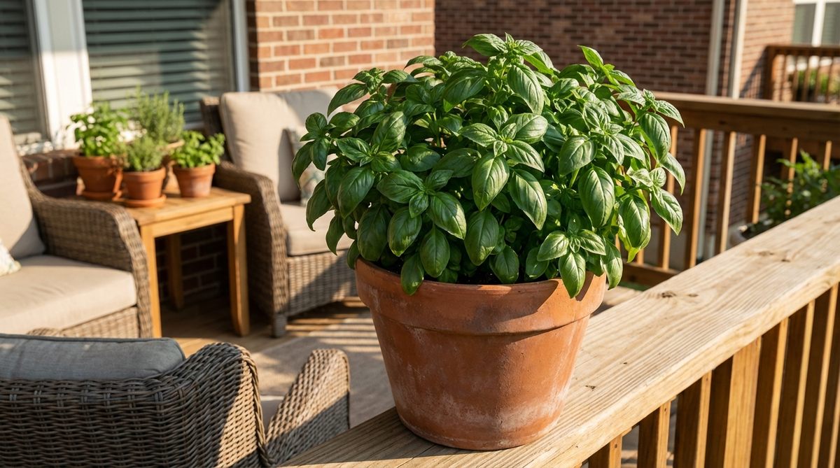 A healthy basil plant growing in a container on a sunny balcony, showing lush green leaves ready for harvest. The image illustrates how basil thrives in container gardens with proper sunlight and care.