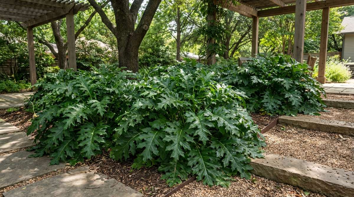 Close-up of Acanthus plant's architectural foliage with deeply lobed leaves forming impressive ground-level mounds, showcasing the bold foliage that inspired classical Greek and Roman decorative motifs in a modern garden setting with partial shade.