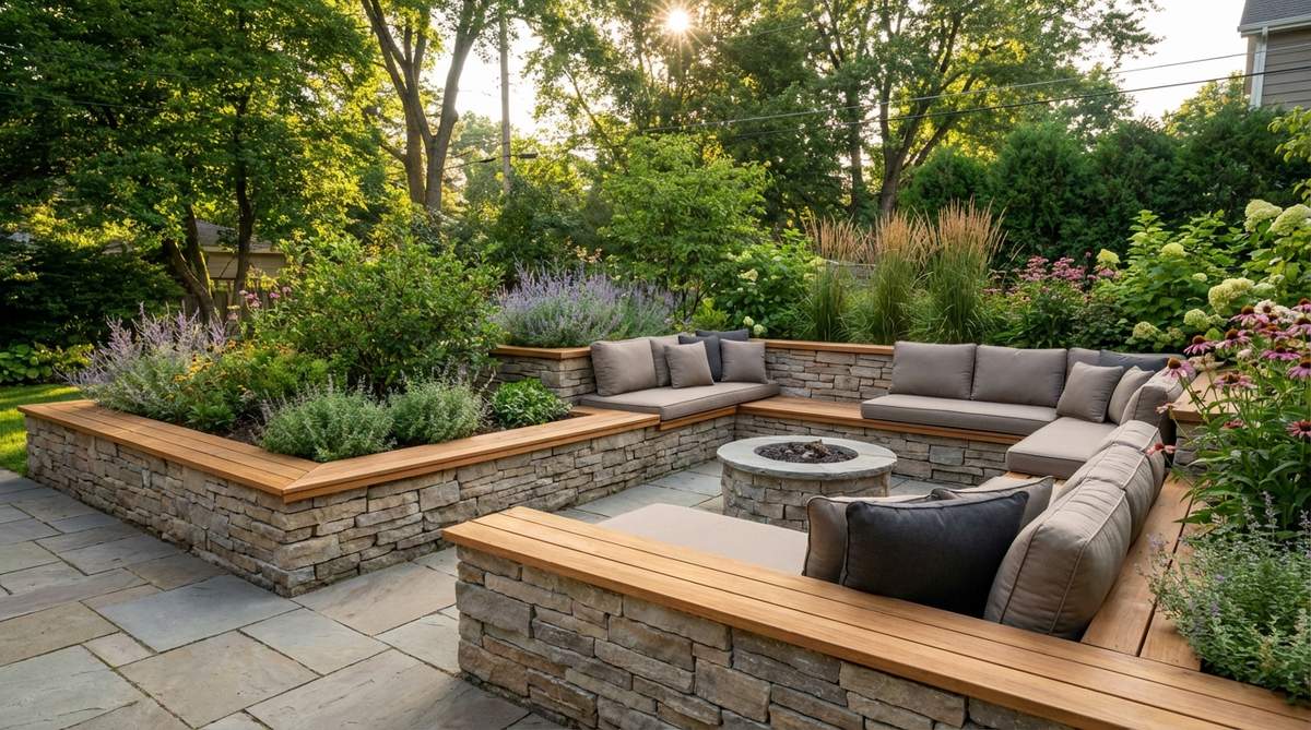 A small backyard garden design featuring built-in perimeter seating with low walls capped by smooth wooden boards, providing comfortable seating without freestanding furniture. The walls also serve as raised bed edges or retaining structures for grade changes, with waterproof cushions added in conversation areas for extra comfort.
