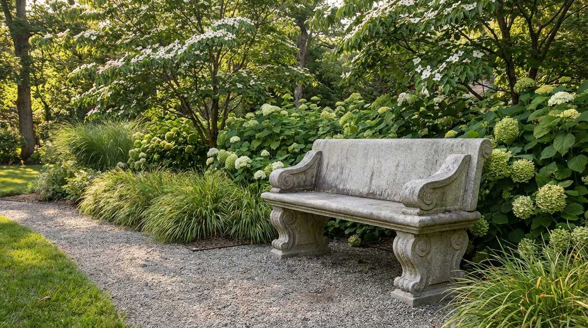 A functional carved stone bench made of limestone or granite, featuring decorative legs and armrests that serve as a sculptural element in a garden. Positioned along pathways or at view termini to provide seating that encourages lingering, with substantial weight for permanence and weatherproof material requiring no maintenance.