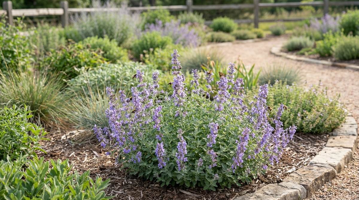 A close-up photo of dwarf catmint (Nepeta) variety 'Cat's Pajamas', showcasing its aromatic gray-green foliage and lavender-blue flower spikes. The plant is in full bloom, attracting pollinators, and is set against a garden background, highlighting its compact form and drought-tolerant nature.