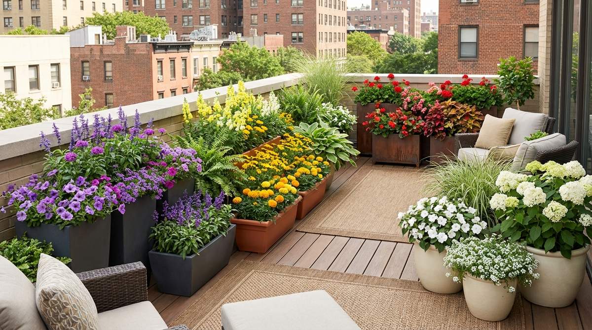 An artistic urban balcony garden featuring a color-blocked arrangement with plants organized into distinct zones of purple, yellow, red, and white flowers in coordinated containers, using neutral foliage as transitions to create bold visual statements and living artwork visible from indoors.