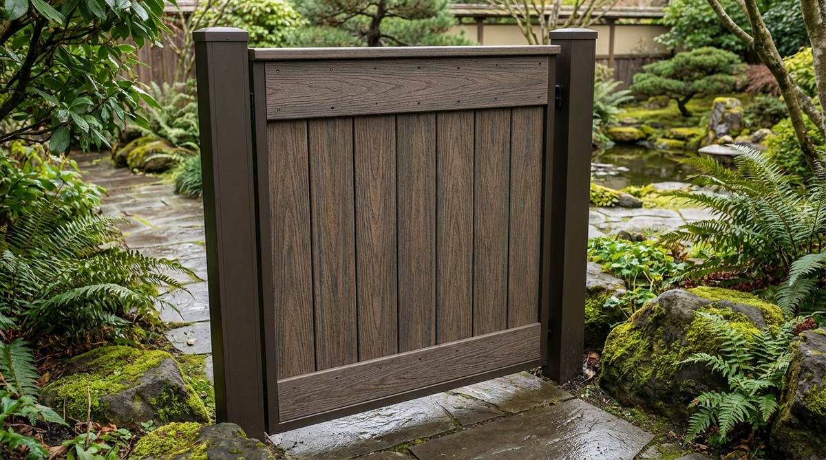 A durable composite decking gate made from wood-plastic composite boards that resist rot and insect damage, featuring a wood grain appearance. The gate is framed with aluminum or vinyl posts suitable for exterior exposure, using concealed fastening systems for a smooth surface without visible screws. This practical gate prioritizes low maintenance and durability in high-moisture locations, ideal for Japanese garden applications where natural wood might deteriorate rapidly.