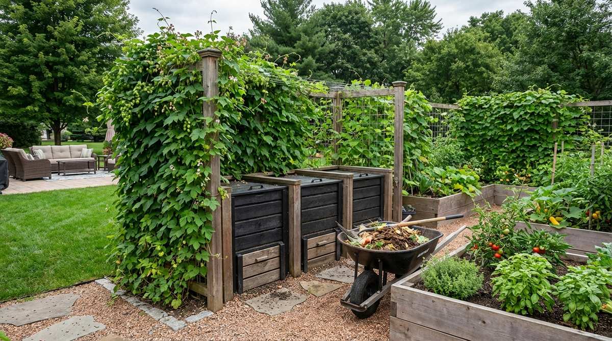 A composting station integrated into an edible garden landscape, featuring vigorous climbing vines like hops or beans that create an attractive living screen around the bins. The closed-loop system returns nutrients to nearby garden beds, positioned conveniently away from outdoor living areas while maintaining accessibility for garden maintenance.