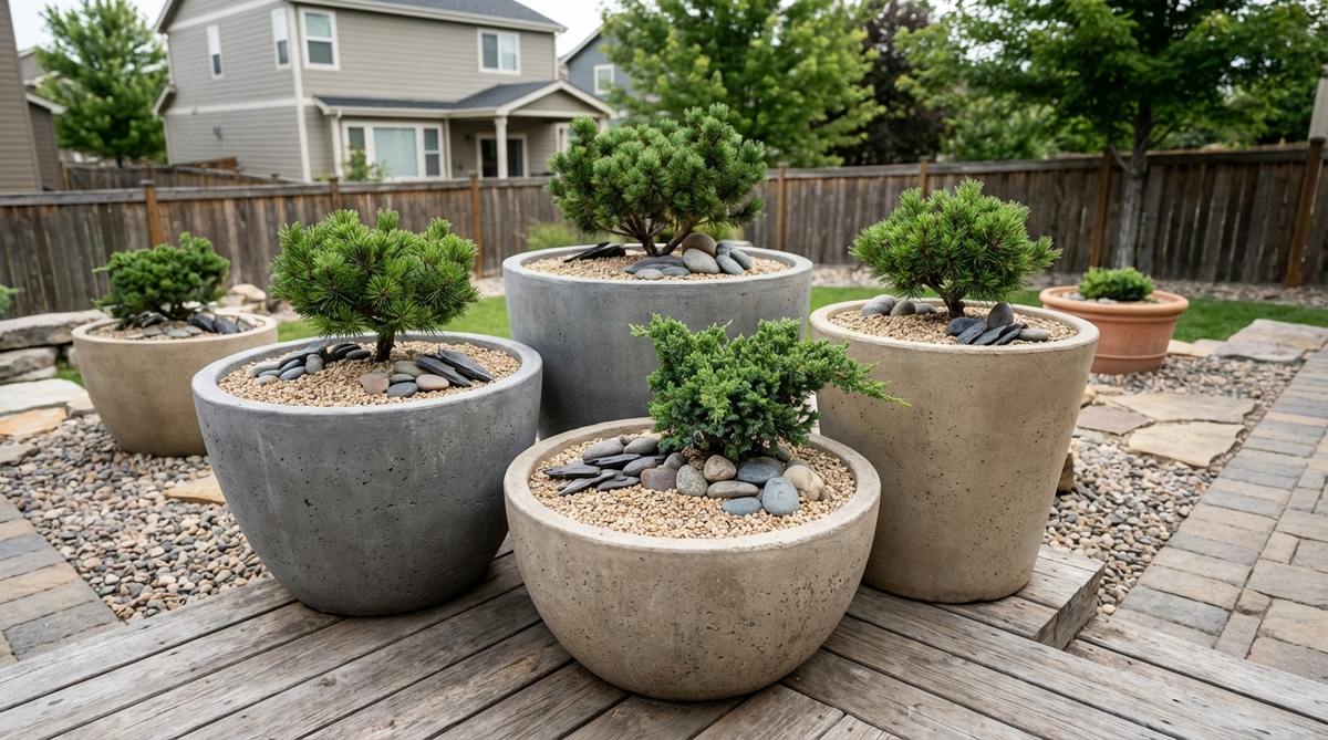 A modern Japanese garden arrangement featuring large neutral-toned containers filled with gravel, carefully selected stones, and dwarf conifers. The portable rock garden design demonstrates asymmetric clustering of three to five planters, ideal for renters or seasonal rearrangement in contemporary zen gardens.