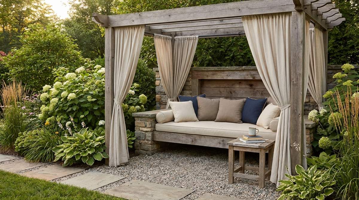 A cozy corner daybed lounge with a canopy, featuring a weather-safe daybed or deep bench with cushions tucked into a back-corner alcove, ideal for naps, podcasts, or stargazing. The setup includes a low pergola or canopy frame, fabric curtains, and surrounding gravel or decking, creating a private retreat in a garden setting.