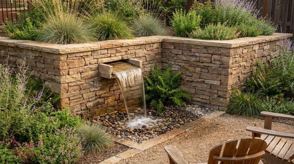 A small garden fountain design featuring a corner waterfall integrated into a low retaining wall, showcasing a space-saving solution that combines structural support with a water feature. The waterfall spillway is built into the wall's face, with a hidden reservoir behind it, ideal for compact garden spaces.