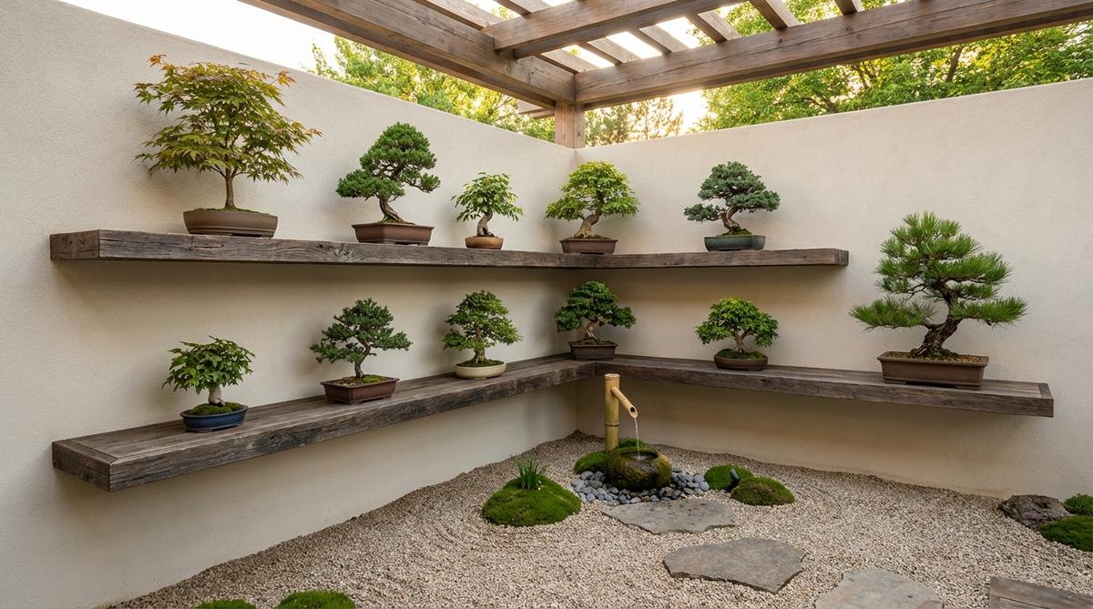 A floating shelf system that wraps around an interior corner, efficiently using space to display bonsai trees in a Zen garden setting. Shelves are arranged with bonsai specimens in descending height order, creating a continuous, wraparound effect that guides viewers around the room and enhances the sense of journey and discovery in the garden.