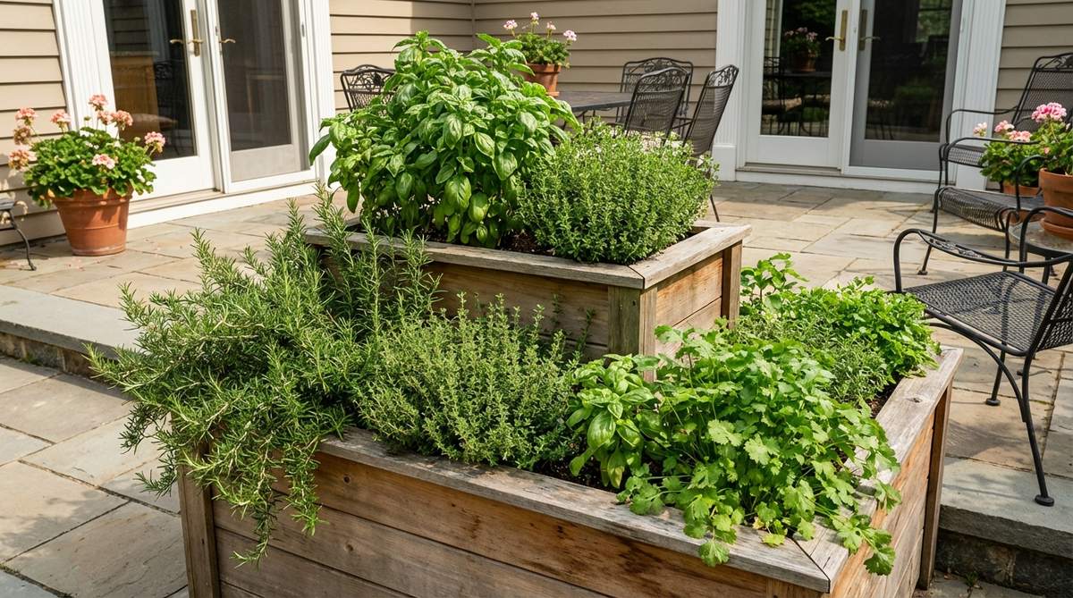 A tiered planter arrangement of culinary herbs including basil, rosemary, thyme, and cilantro positioned near kitchen access on a terrace garden. Mediterranean herbs thriving in heat and wind exposure with bushy growth from regular pinching, providing fresh aromatic foliage for home cooking.