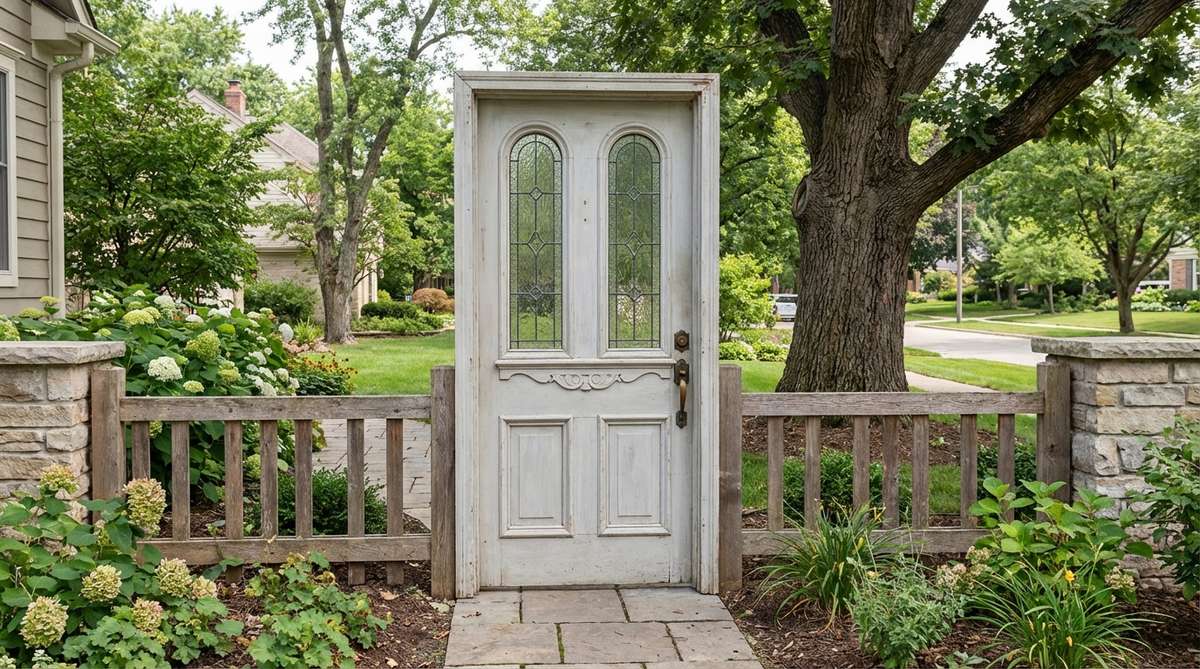 A unique garden entry created by repurposing a salvaged vintage door as a custom gate in a small garden fence. The door features decorative moldings, glass panels, and original hardware, cut to an appropriate height and sealed for outdoor use, adding character and personality to the garden space.