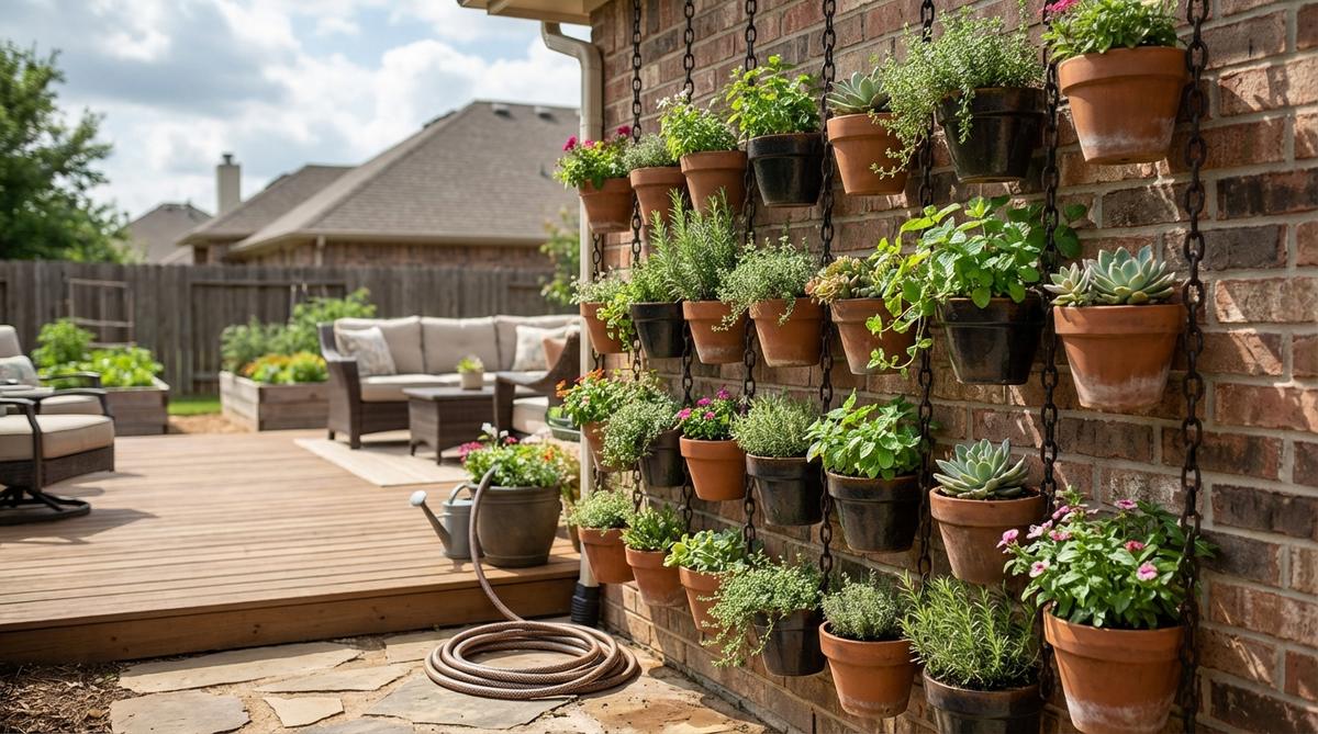 A vertical arrangement of multiple small planters connected by decorative chains, forming a living curtain to maximize plant diversity in compact garden spaces. Ideal for herbs, succulents, or trailing annuals, with tips on proper watering for top and lower tiers.