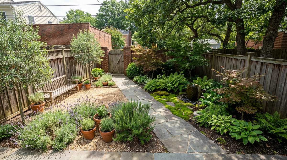Illustration showing a diagonal garden path dividing a small space into two asymmetrical triangular zones, one with sunny Mediterranean plants and the other with shaded woodland plants, demonstrating how this layout creates visual interest and makes the garden feel larger.