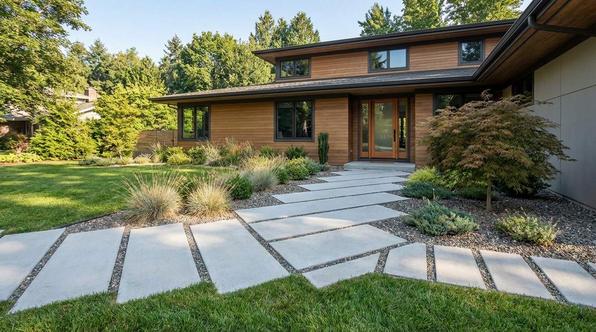 A modern front yard featuring pavers or concrete strips installed at a 45-degree angle to the home's facade, creating a dynamic diagonal pattern that visually widens narrow lots. The angled orientation breaks up predictable geometry, adds energy, and draws attention to entryways or specimen plantings, transforming standard layouts into complex spatial experiences suitable for contemporary architecture.