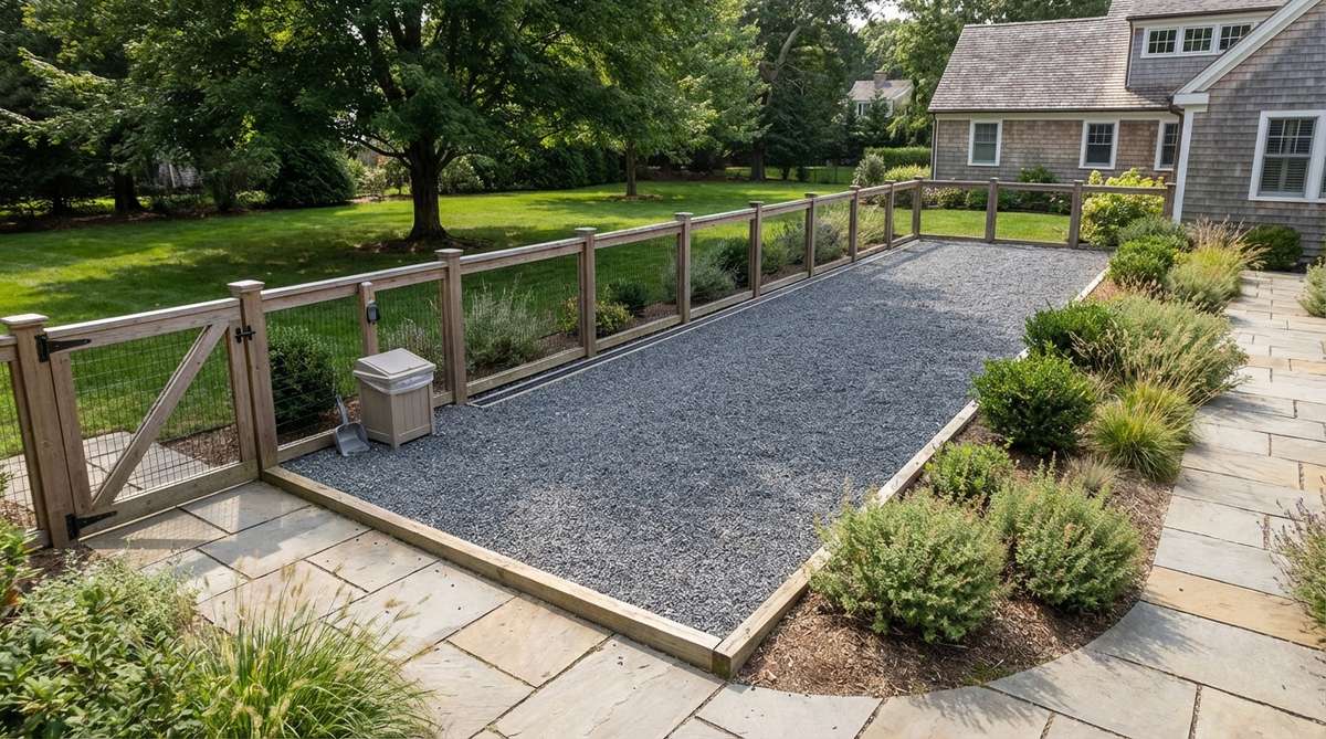A clean, well-maintained dog run area surfaced with 3/4-inch crushed gravel, showing proper drainage slope and easy waste removal for pet hygiene.