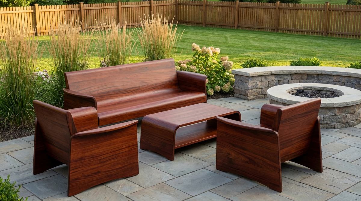 Modern eucalyptus hardwood garden furniture set featuring a rich reddish-brown color that deepens with sun exposure. The durable fast-growing hardwood has dense grain structure and is finished with penetrating natural oil for weather protection. Ergonomic design throughout the collection provides comfortable outdoor seating.