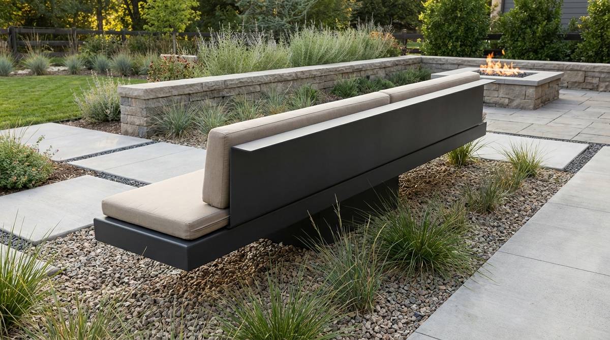 A modern cantilevered steel bench with a powder-coat finish, appearing to hover above ground, complemented by thin cushions for comfort, set in a contemporary garden design.