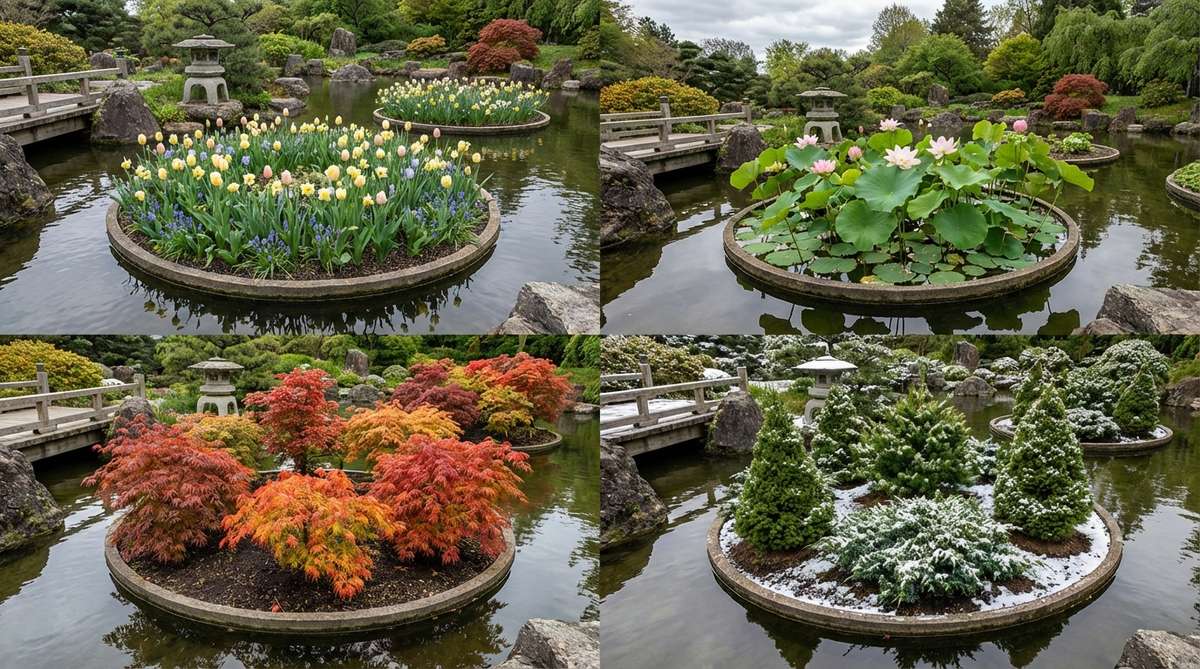 A detailed view of four-season rotation beds in a Japanese garden pond, showcasing seasonal plants like spring bulbs, summer lotus, autumn foliage, and winter evergreens to maintain year-round visual interest.