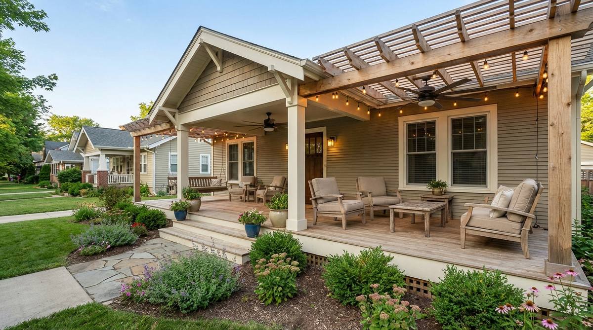 A spacious front porch expansion with comfortable seating, ceiling fans, and lighting, creating a transitional outdoor living space that enhances curb appeal and neighborhood connection in garden design.