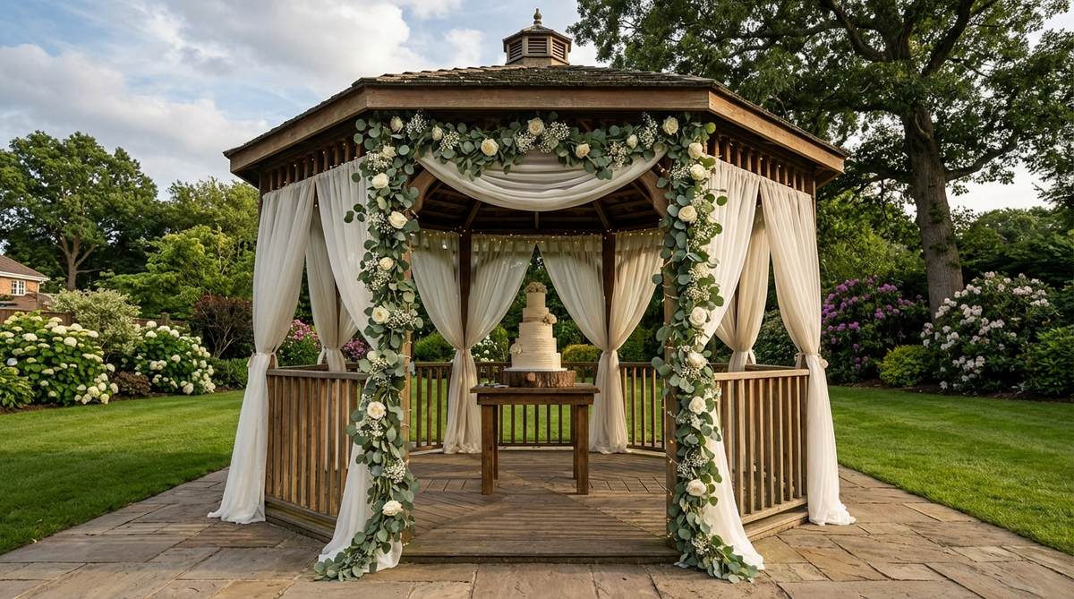 A beautifully decorated garden gazebo serving as a focal point for wedding ceremonies or cake displays, featuring garland-wrapped posts and draped sheer fabric that frames the structure against lush garden views.