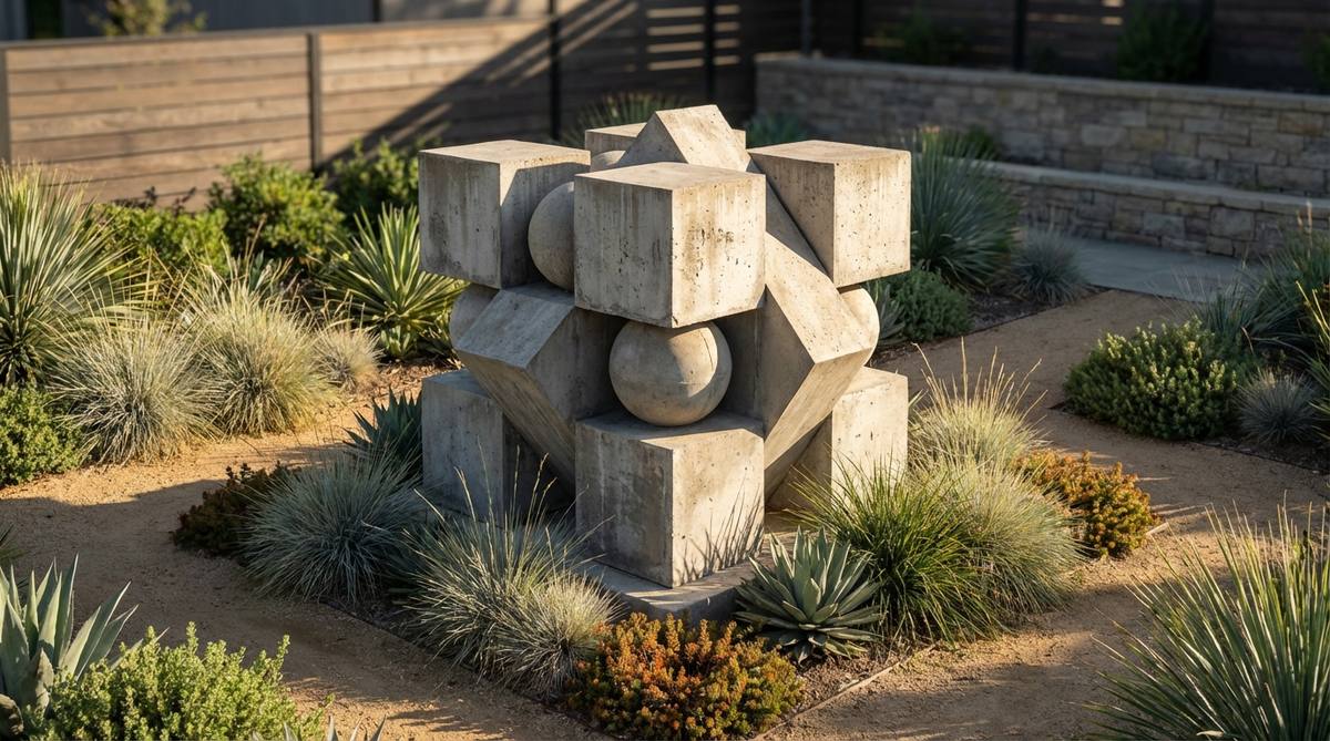 An abstract geometric concrete sculpture featuring cubes, spheres, or angular forms, positioned to anchor planting schemes and catch dramatic lighting in a modern garden design.