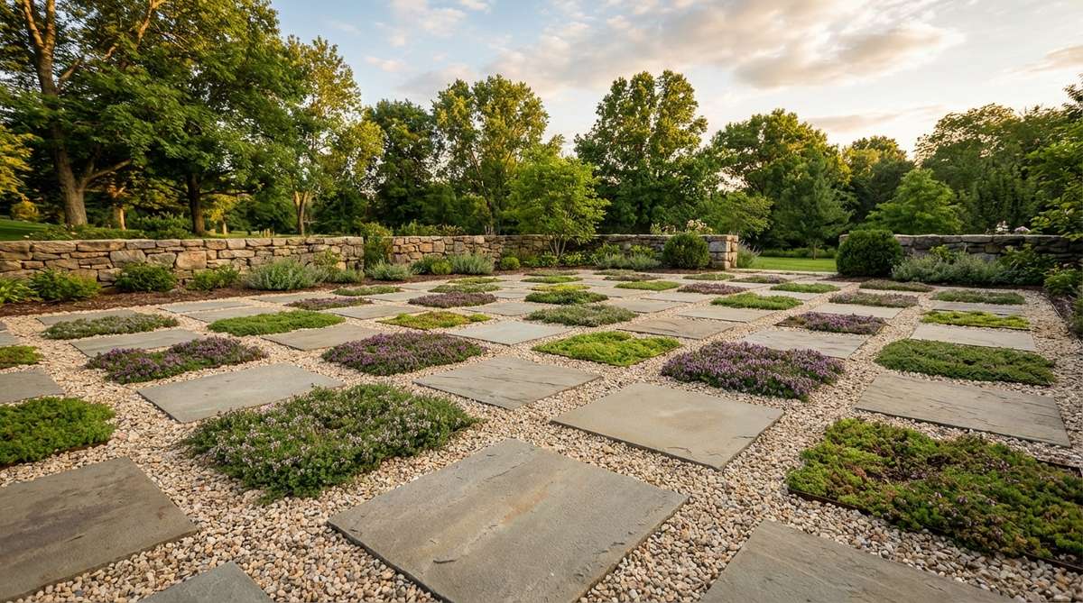 A precise arrangement of square-cut stones in a uniform grid pattern over light-colored gravel, with low-growing groundcovers planted in alternating squares to soften the geometric design and create a balance between architectural formality and natural organic growth.
