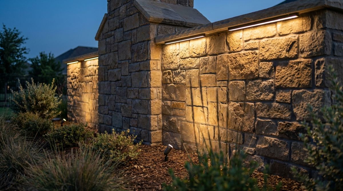A close-up image showing graze lighting on a textured stone or brick wall, highlighting mortar joints and surface depth with dramatic shadows. Linear LED strips or discrete spots create a striking effect, ideal for outdoor feature walls and fireplace surrounds.