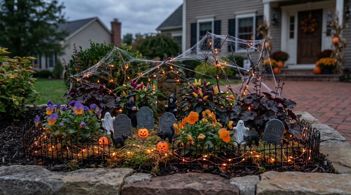 A spooky Halloween fairy garden scene featuring miniature tombstones, black fencing, tiny jack-o-lanterns, and ghost, witch, and black cat figurines. Purple and orange flowering plants like pansies and ornamental peppers add seasonal color, while orange LED lights and artificial spider webs create an eerie evening atmosphere in this haunted fairy hollow display.