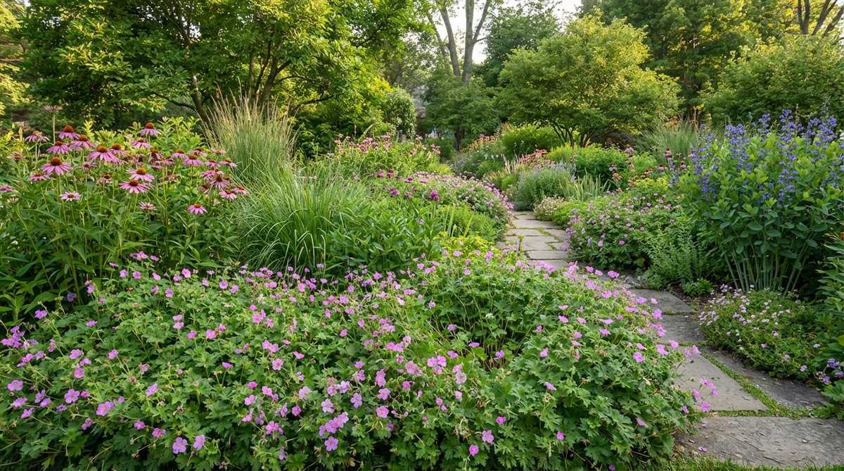 A dense mat of cranesbill geraniums serving as groundcover in a cottage garden, showing delicate summer flowers and mounding habit that fills gaps between taller perennials. The plants demonstrate weed suppression and adaptability to various light conditions.