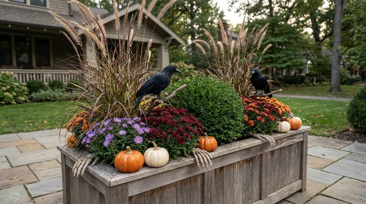 A decorative planter arrangement showing the transition from harvest season to Halloween, featuring tall grasses, evergreen shrubs, and long-blooming perennials with mini pumpkins, ravens, and skeletal hands tucked among the foliage for Halloween accents.