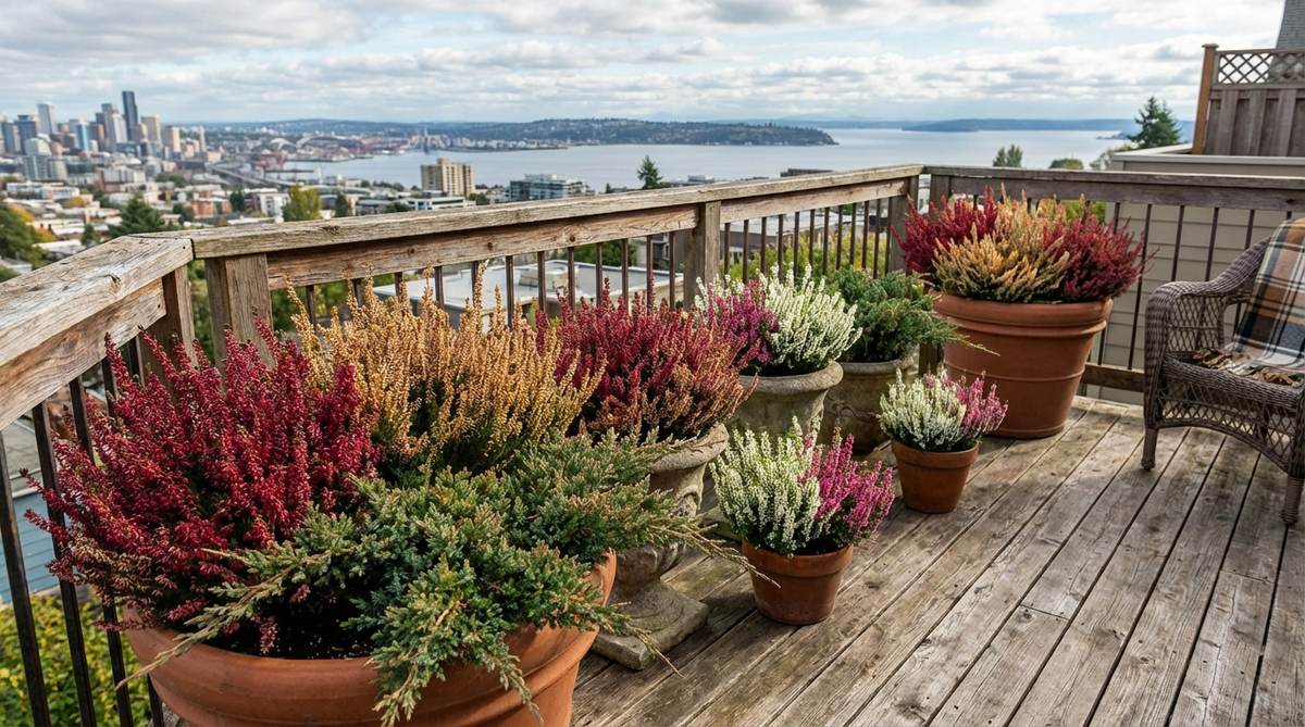 Heather, or Calluna vulgaris, is a resilient urban balcony plant with needle-like foliage in gold, red, and green that lasts year-round. Its low profile and flexible branches make it ideal for withstanding coastal winds. Plant in acidic, well-draining soil for optimal growth, with winter and spring-blooming varieties adding seasonal interest to any balcony garden.