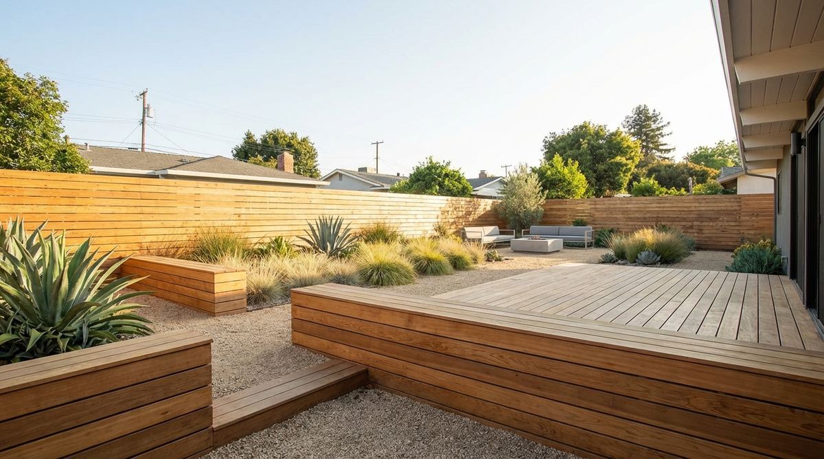 Cedar or redwood planks installed horizontally, emphasizing low profiles with 6-8 inch wide boards and 1/4 inch gaps for air circulation, finished with transparent stain to preserve wood grain in a mid-century modern garden setting.