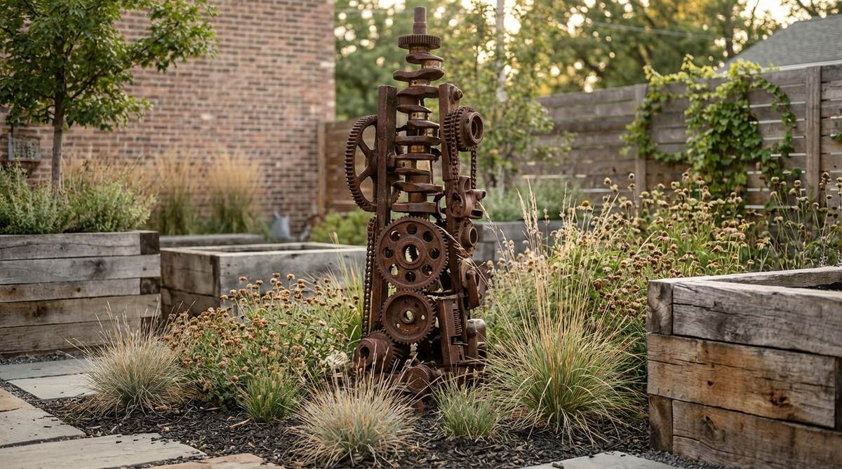 A garden decor statue featuring salvaged machinery parts welded into an abstract composition, celebrating industrial heritage with rust textures and mechanical forms that contrast with organic plantings. Suitable for urban gardens or contemporary spaces with reclaimed material themes, varying in gear sizes from 6 to 30 inches for visual complexity. Ideal for gardens emphasizing sustainability and upcycling, sealed with a clear coat to stabilize rust while preserving character.